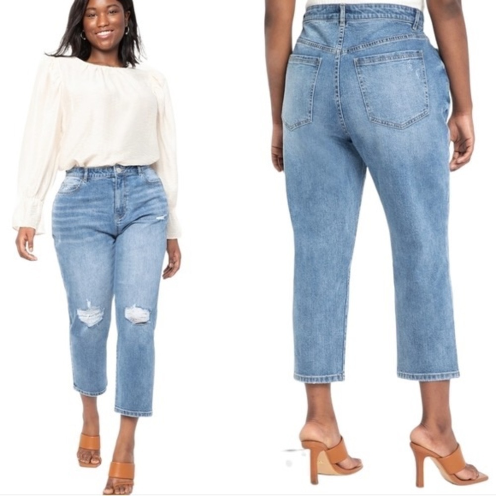 ELOQUII-DISTRESSED Medium Wash Crop Jeans (Size:18)